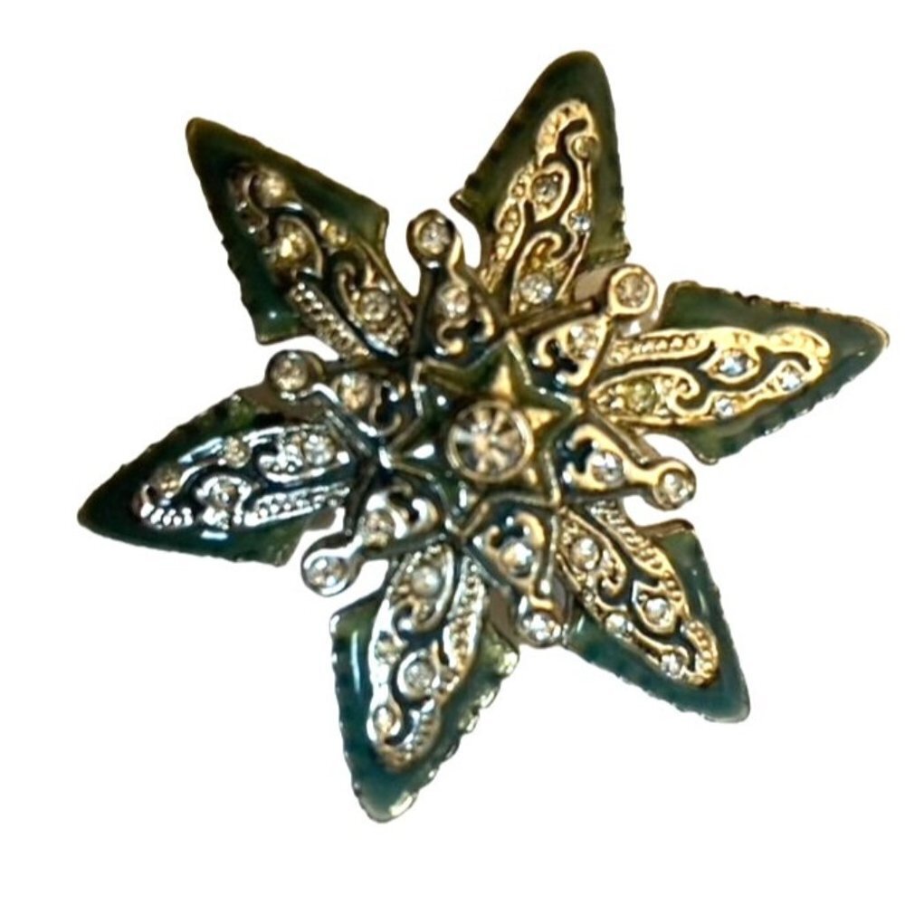 Vintage Monet Flower Rhinestone Brooch Green Enamel Snowflake Star